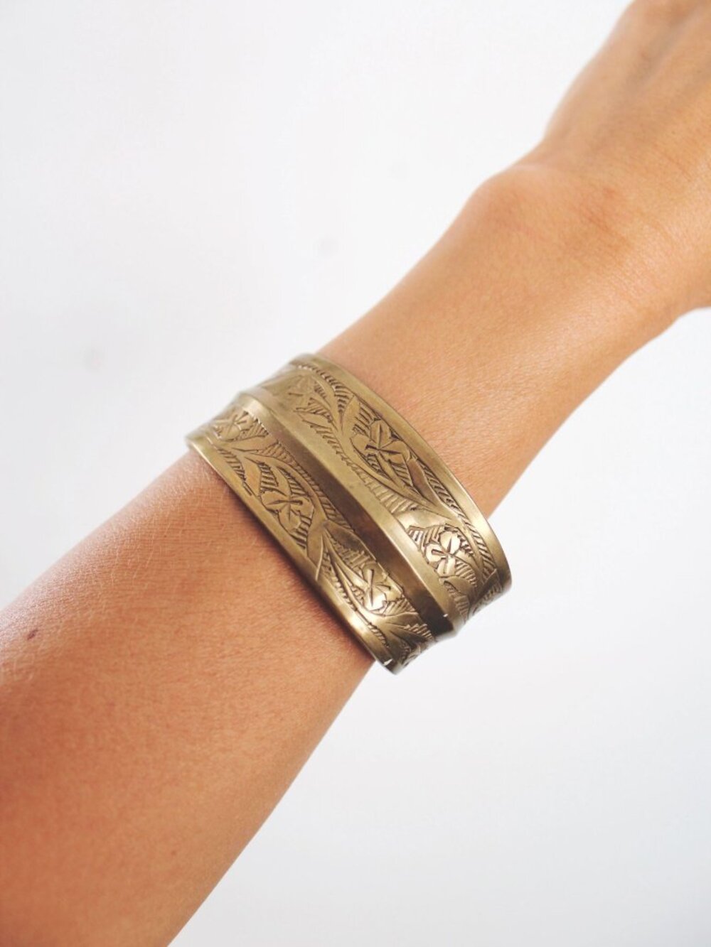 Vintage Etched Brass Cuff Bracelet India Boho Stackable Floral Leaf Engraved